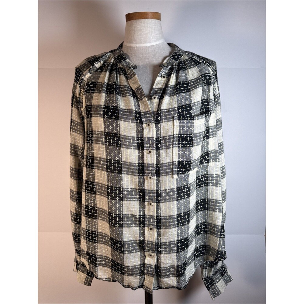Pilcro Anthropologie Size Large Breezy Plaid Button Front Shirt Blouse Top Black